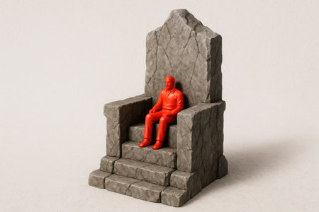 A red figure of a man is sitting on a stone throneの素材