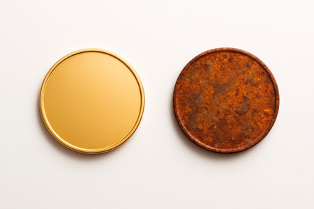 Two coins, one gold and one rusty. Space for textの素材