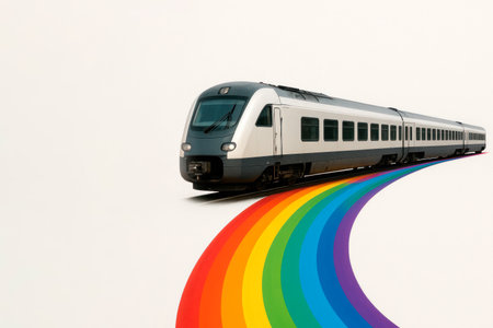 A train traveling on a rainbow instead of rails. Space for textの素材