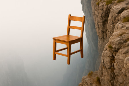 A wooden chair hovered over the abyss. Space for textの素材