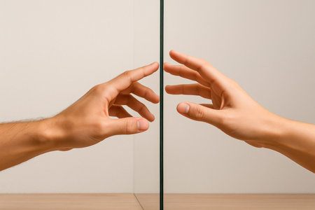 Two hands separated by clear glass, trying to touchの素材