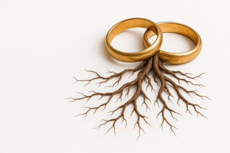 Two gold rings with roots. Space for textの素材