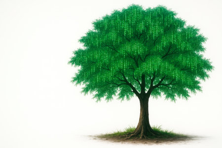A tree with leaves made of a green numerical code. Space for textの素材