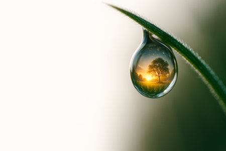 A tree and a sunset reflected inside a drop of dew on the grass. Space for textの素材