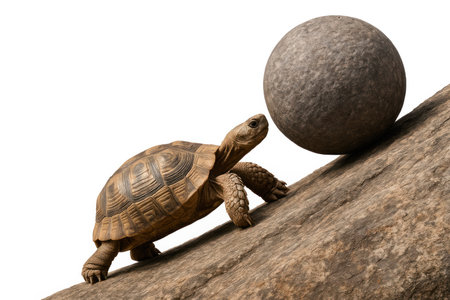 A turtle pushes a stone ball up a mountain. Space for textの素材