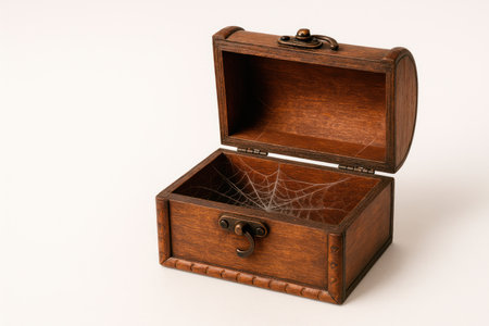 An empty wooden box with a spider web inside. Space for textの素材