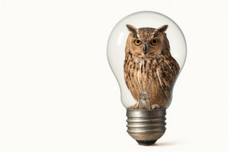 An owl inside an electric light bulb. Space for textの素材