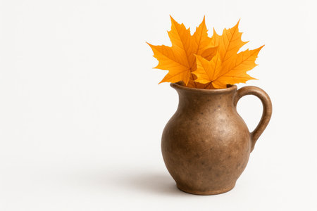 Autumn leaves in a clay jug. Space for textの素材