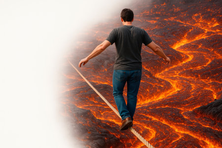 A man walks on a tightrope over lava. Space for textの素材