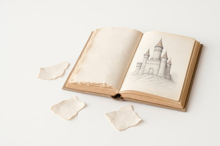 Open book with a drawing of a lock on old paper. Space for textの素材