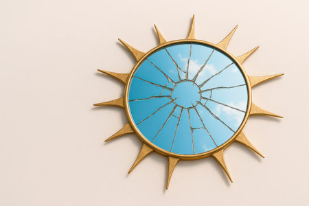 A sun-shaped mirror with cracks in the center. Space for textの素材