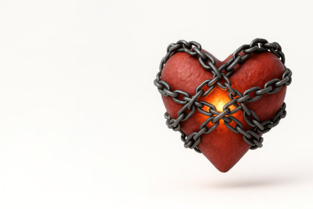 A red heart in chains with an inner light. Space for textの素材