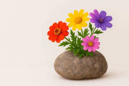 A stone from which four bright flowers grow. Space for textの素材