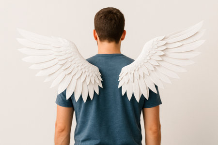A man in a T-shirt with white angel wings. Space for textの素材