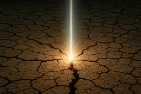 A beam of light punches a crack in the dry earthの素材