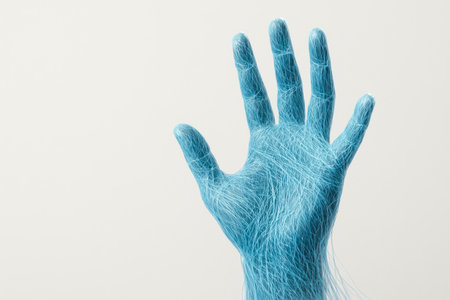 A blue hand made of thin threads on a light background. Space for textの素材