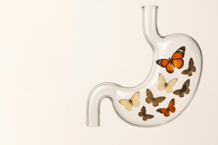 A glass stomach with butterflies inside. Space for textの素材