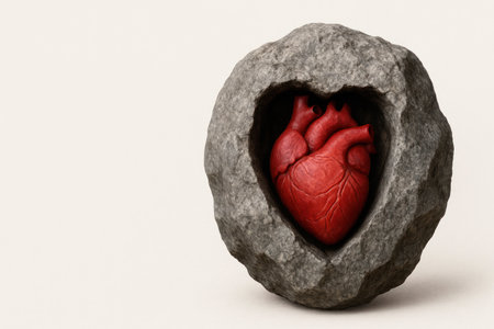 A red heart is enclosed inside the stone. Space for textの素材