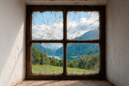 Views of the mountains and the lake through a broken old windowの素材