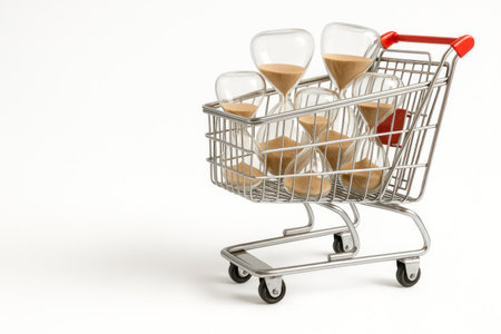 Supermarket cart filled with hourglass. Space for textの素材