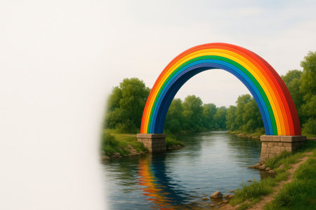 The rainbow forms a bridge over the river. Space for textの素材