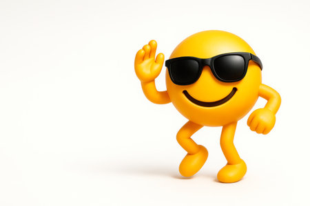 Smiley face in sunglasses dancing. Space for textの素材