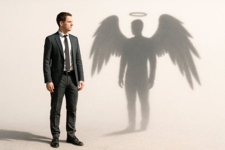 A man in a costume with the shadow of an angelの素材