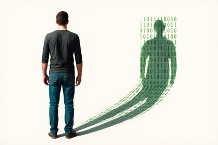 A man and his digital shadow projection of binary codesの素材