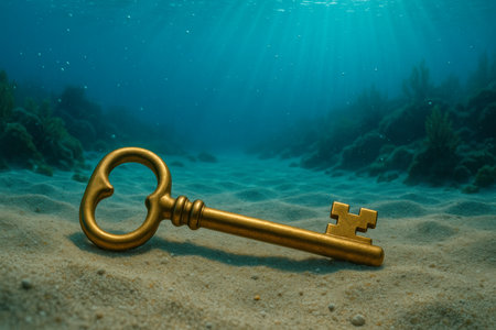 A golden key lying on the seabedの素材
