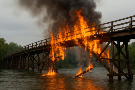 A burning wooden bridge over the riverの素材