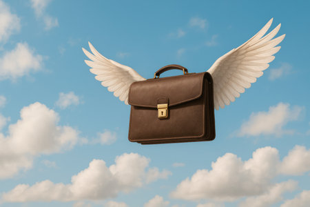 A briefcase with wings flies in the skyの素材