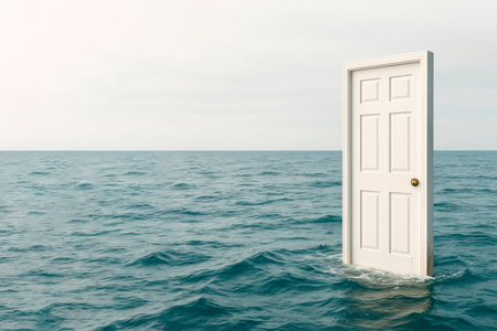 A white door stands in the middle of the ocean. Space for textの素材