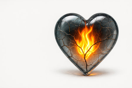 A heart made of stone with a flame inside. Space for textの素材