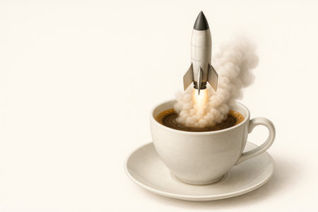 A rocket takes off from a cup of coffee. Space for textの素材