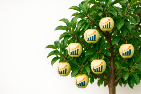 An apple tree with fruits in the form of growth graphs. Space for textの素材