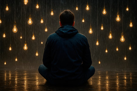 A man sits with his back in the rain among many light bulbsの素材