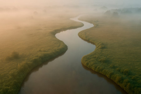 A winding river in a thick fog at dawnの素材