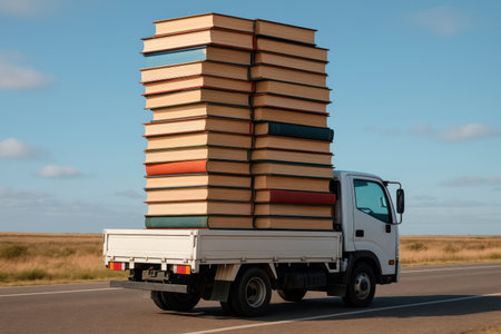 The truck is carrying a huge stack of giant booksの素材