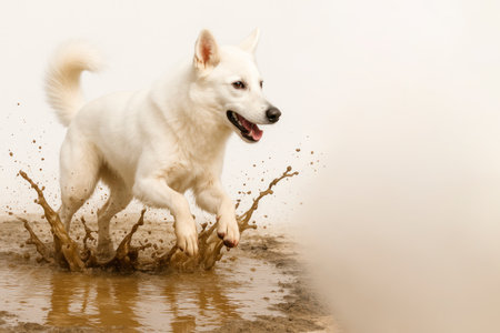 A white dog jumps into a muddy puddle, spraying water. Space for textの素材