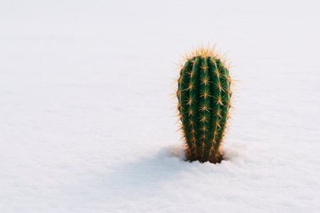 A single cactus grows in the middle of a snowy field. Space for textの素材