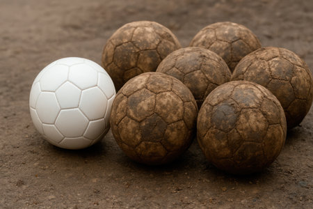 A white soccer ball among dirty ballsの素材