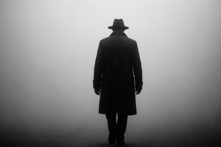 The silhouette of a man in a hat and a cloak disappears into a thick fogの素材