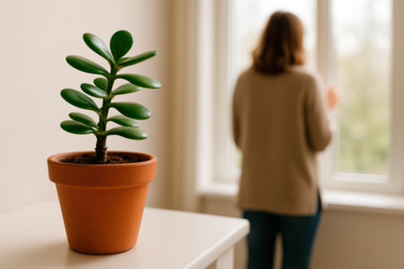 Green plant in a pot with a woman at the window in the backgroundの素材