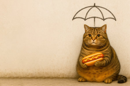 A fat cat holding a hot dog and sitting under a painted umbrella. Space for textの素材