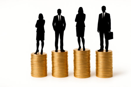 Silhouettes of business people stand on stacks of gold coins. Space for textの素材