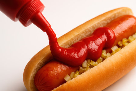 Ketchup is poured over a hot dog with fillingの素材