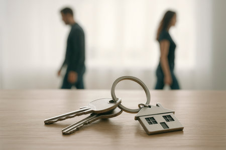 Keys with a keychain at home against the background of people dispersingの素材
