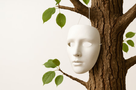 A white mask hangs on a tree among green leaves. Space for textの素材