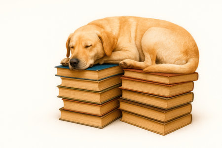 A dog sleeps on a stack of booksの素材