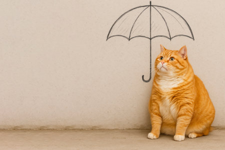 A ginger cat is sitting under a painted umbrella on the wall. Space for textの素材